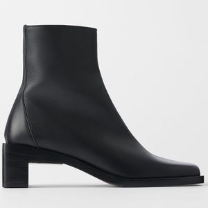 Zara Square Toe Leather Booties Rectangular Heel